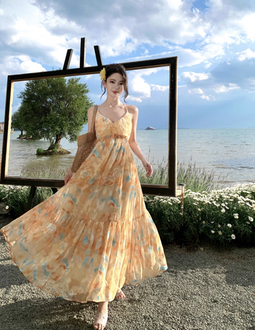 Flowy A Line Spaghetti Strap Floral Yellow Chiffon Prom Dress Vacation Dress HZ1023